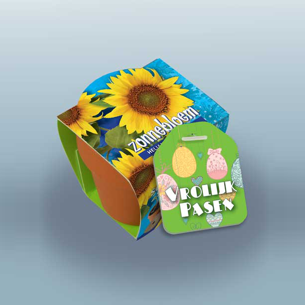 Terracotta Zonnebloem met label Vrolijk Pasen