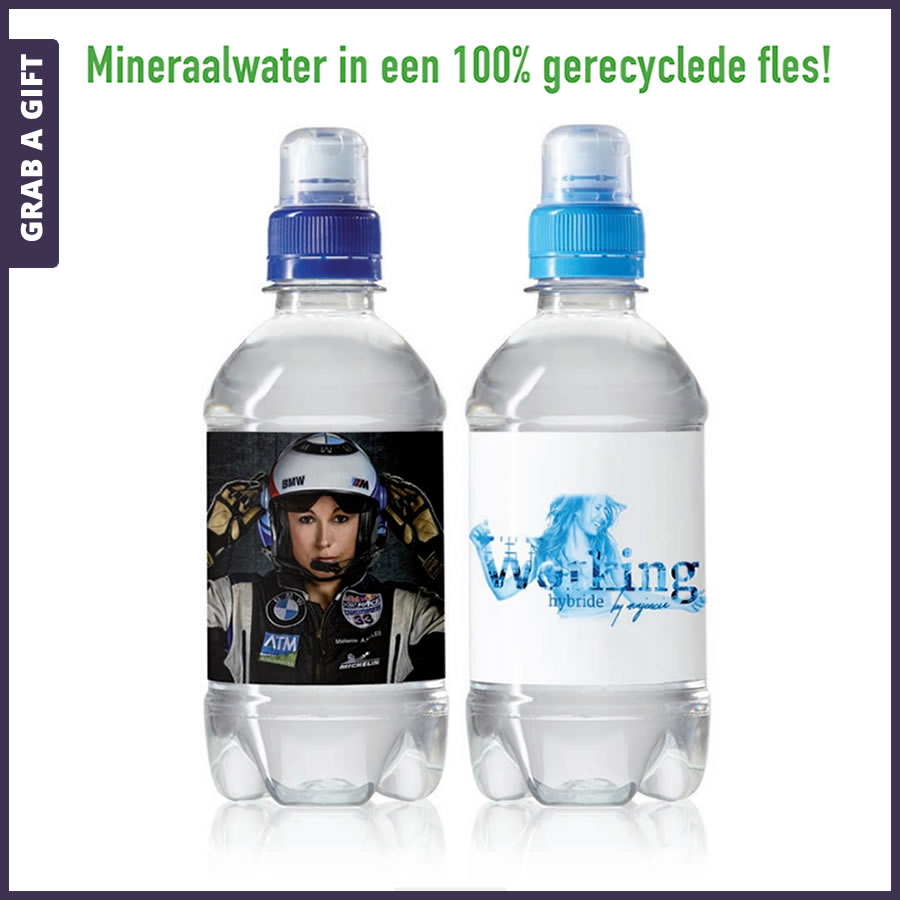 Grab a Gift - Etiketten bedrukken met logo van gerecyclede waterflesjes 330 ml sportdop Grab a Gift - Etiketten bedrukken met logo van gerecyclede waterflesjes 330 ml sportdop